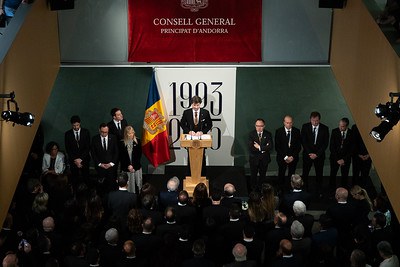 El síndic general, Carles Ensenyat, durant el seu discurs al vestíbul del Consell General