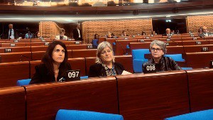 De dreta a esquera: Meritxell Alcobé, Berna Coma i Susanna Vela al Consell d'Europa.